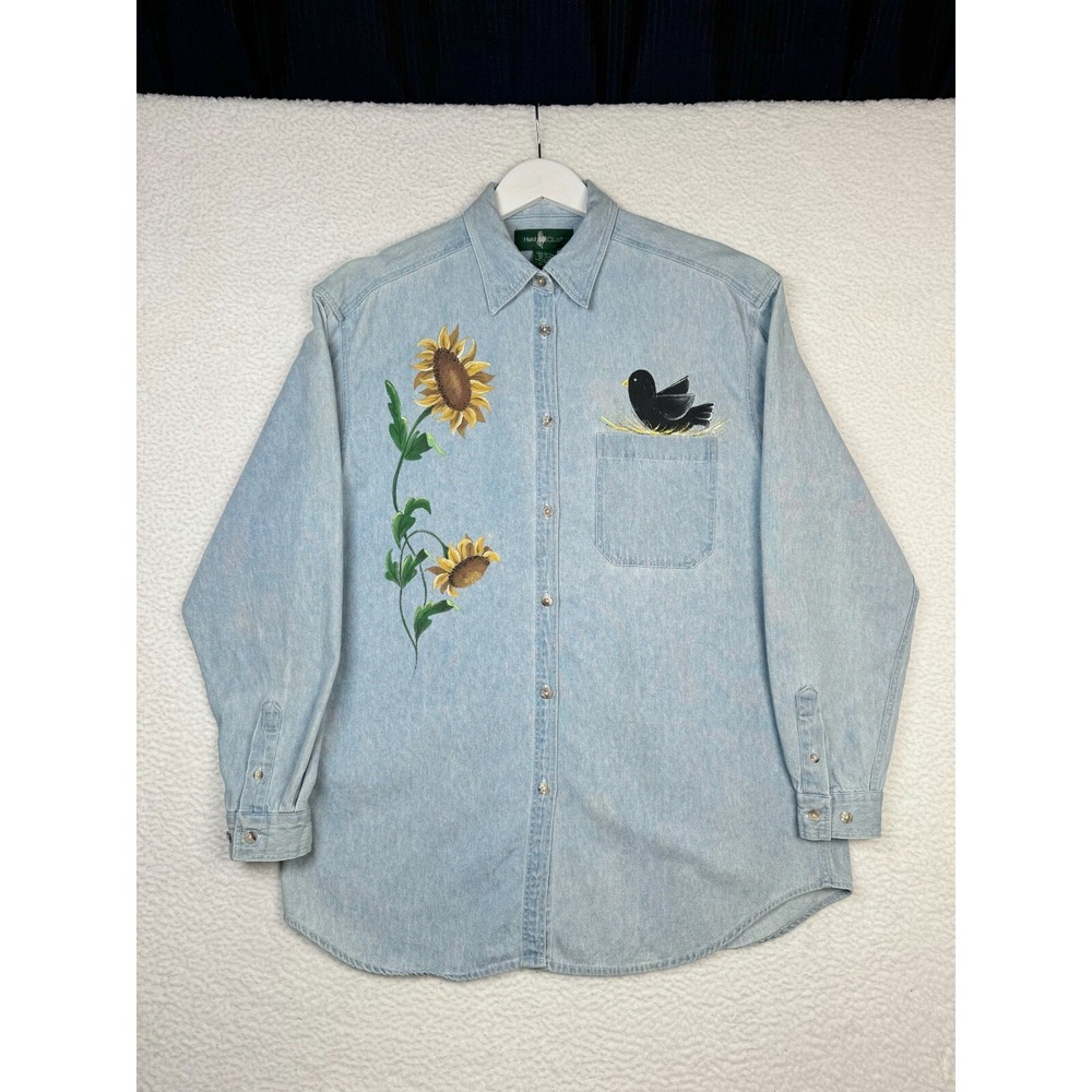 VTG Hunt Club Shirt Womens Blue Chambray Sunflower Bird Painted Button Down - M